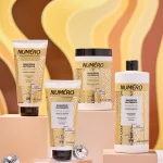 Numéro Deep Nutrition — odżywczy szampon i maska z masłem shea, na złocistym falistym tle
