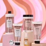Numéro Supreme Brilliance — szampon, maska i kryształki rozświetlające z olejami, na różowo-złotym tle