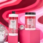 Numéro Vibrant Color — szampon i maska ochrony koloru z melogranatem, stylizacja z kulami disco na różowo-czerwonym tle