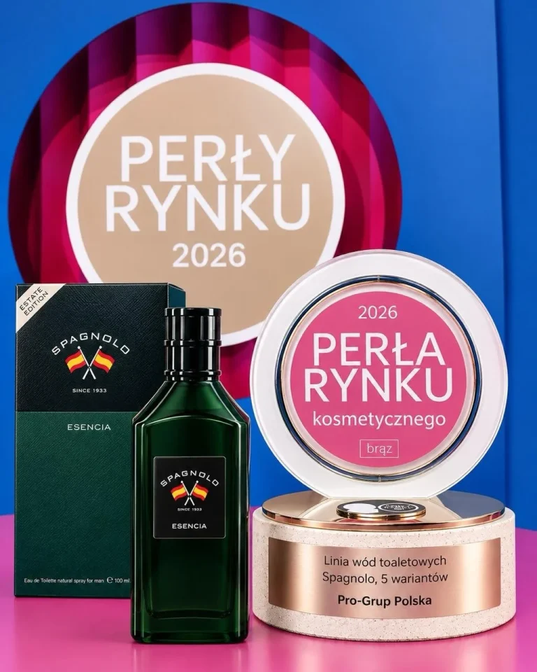 Statuetka Brązowa Perła Rynku Kosmetycznego 2026 obok wody toaletowej Spagnolo Esencia