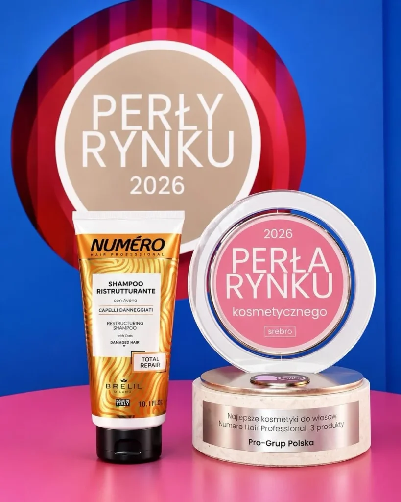Statuetka Srebrna Perła Rynku Kosmetycznego 2026 obok szamponu Numero Hair Professional z owsem